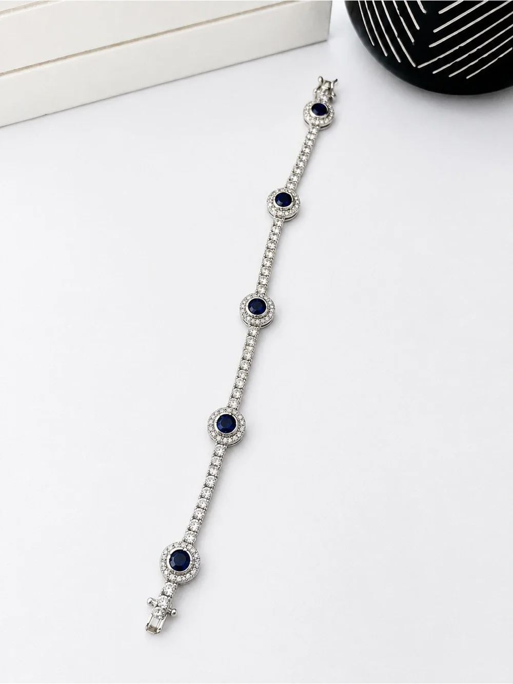 925 Sterling Silver Blue Sapphire wnd Cubic Zirconia Tennis Bracelet Size 7” - Picture 14 of 16